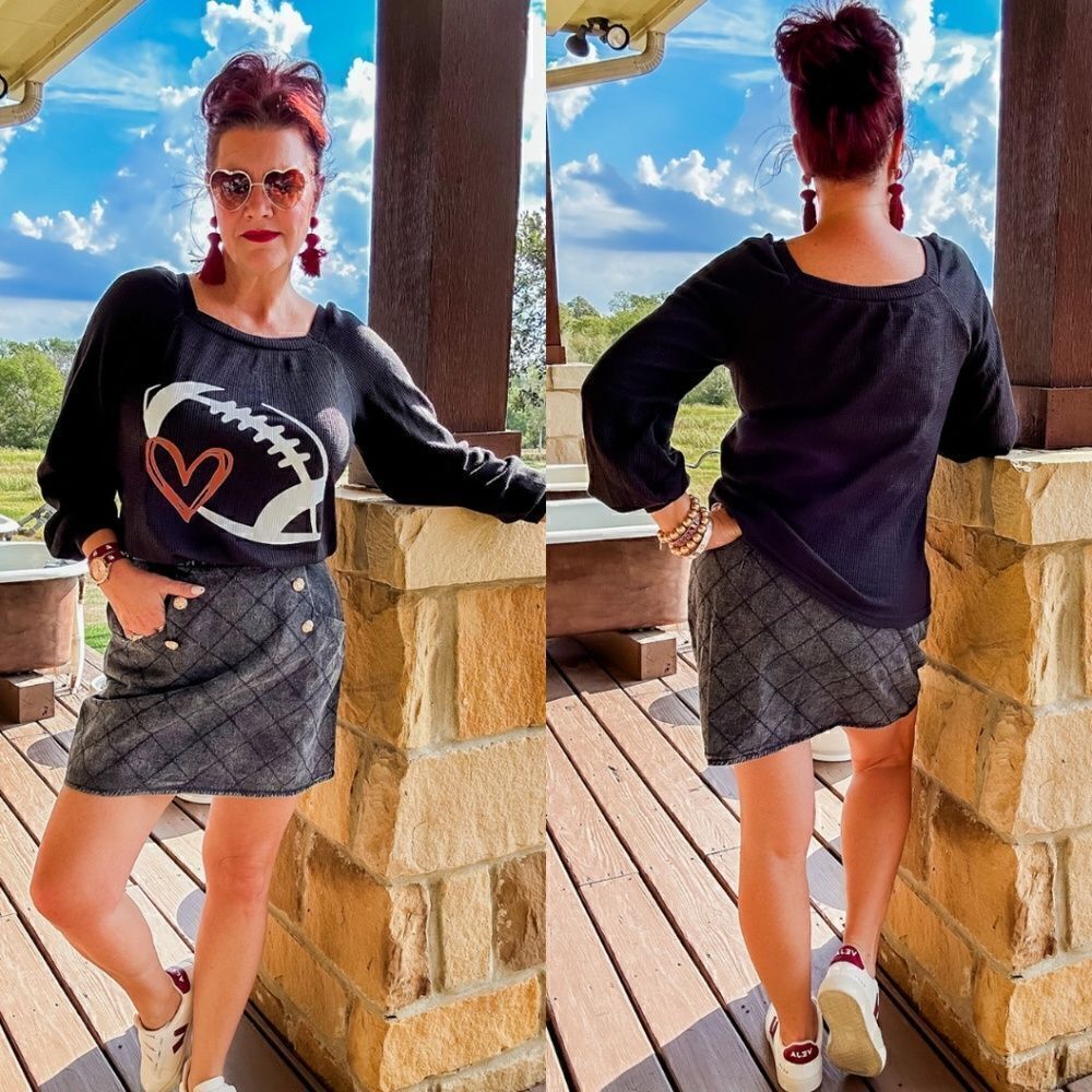 Black Waffle Knit Football Top